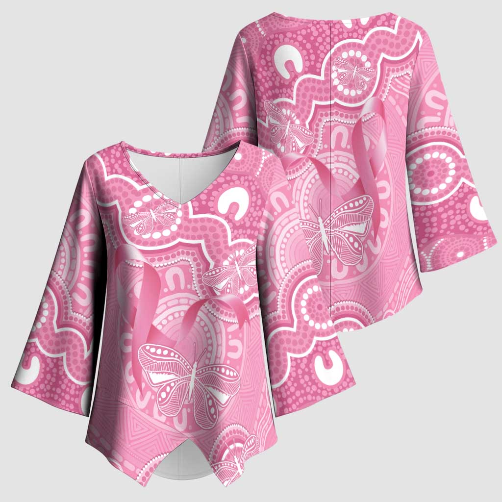 Australia Indigenous Kimono Sleeve Blouse Pink Ribbon Breast Cancer Butterfly Aboriginal - Aussie Hoodie