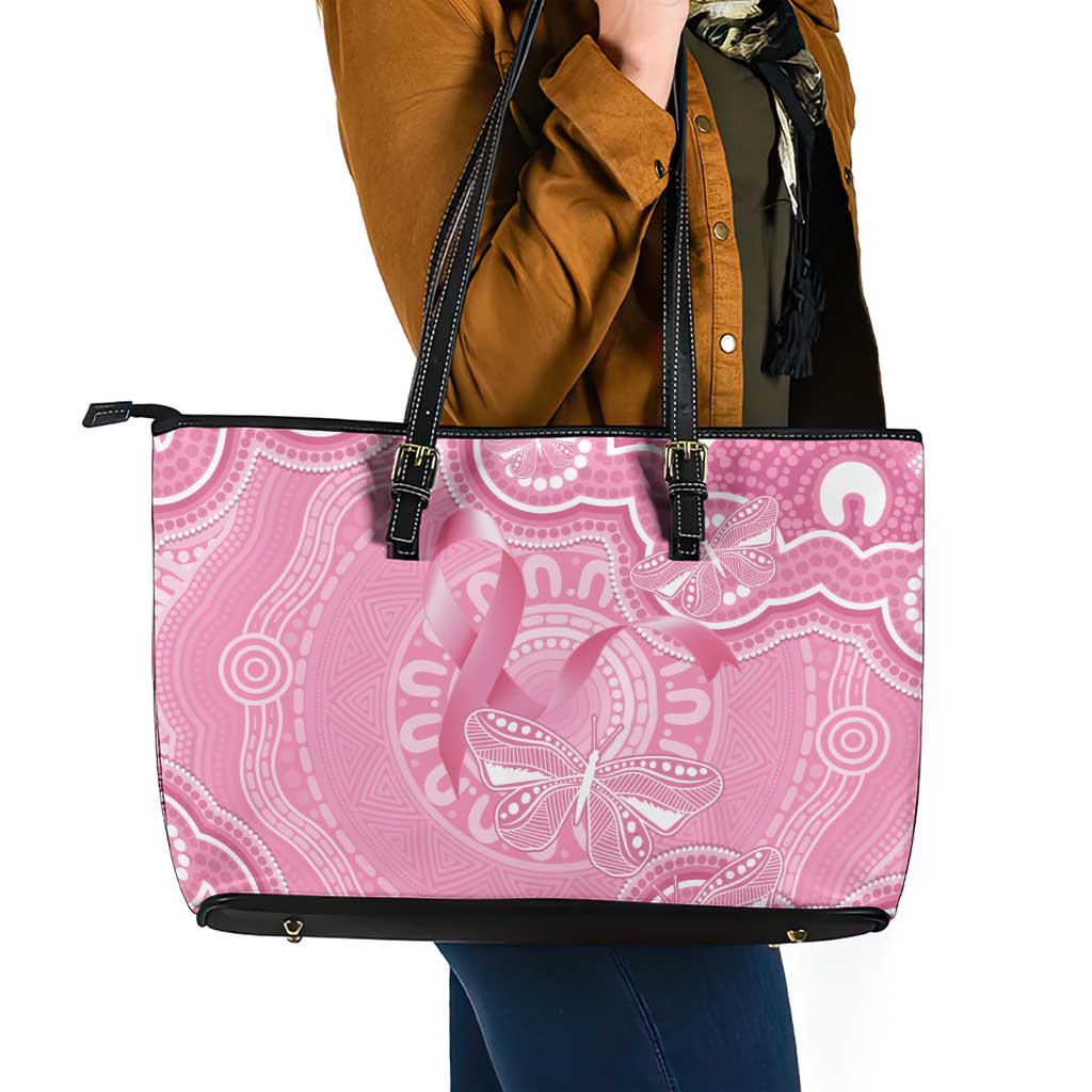 Australia Indigenous Leather Tote Bag Pink Ribbon Breast Cancer Butterfly Aboriginal - Aussie Hoodie