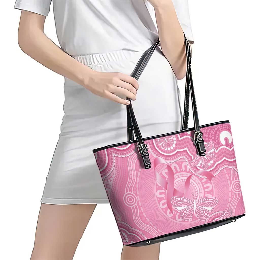 Australia Indigenous Leather Tote Bag Pink Ribbon Breast Cancer Butterfly Aboriginal - Aussie Hoodie