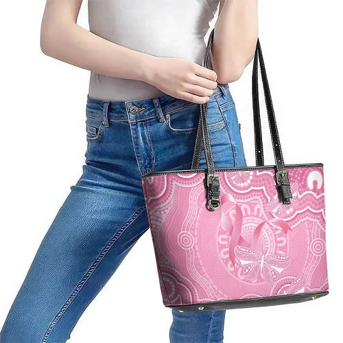 Australia Indigenous Leather Tote Bag Pink Ribbon Breast Cancer Butterfly Aboriginal - Aussie Hoodie