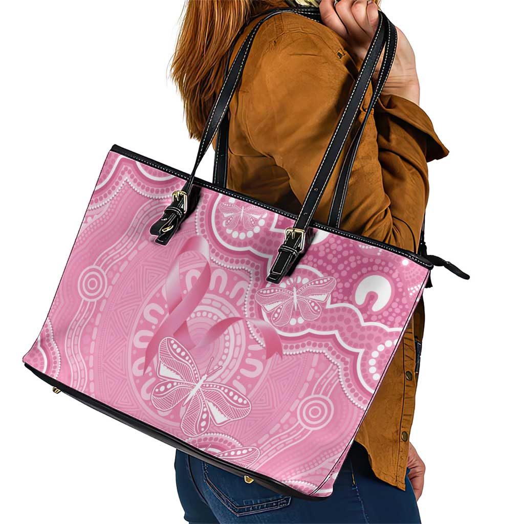 Australia Indigenous Leather Tote Bag Pink Ribbon Breast Cancer Butterfly Aboriginal - Aussie Hoodie