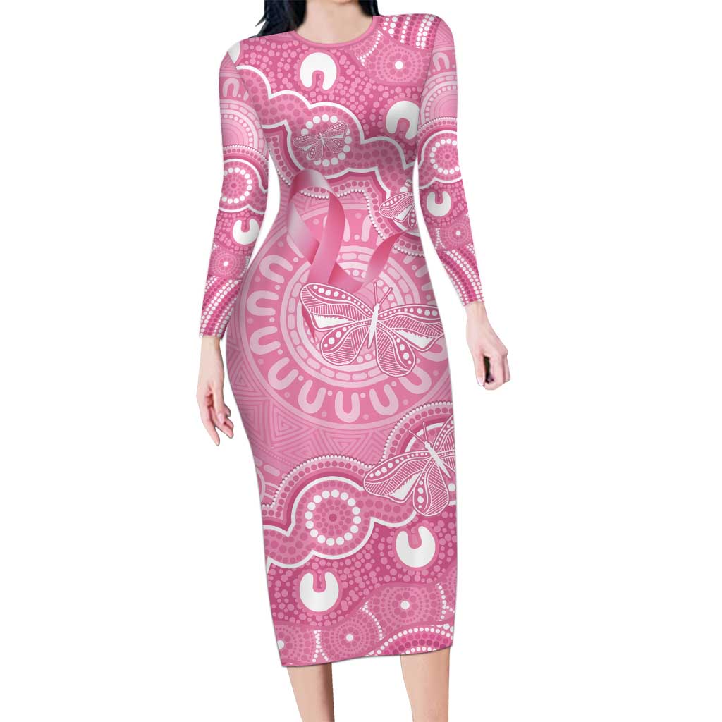 Australia Indigenous Long Sleeve Bodycon Dress Pink Ribbon Breast Cancer Butterfly Aboriginal - Aussie Hoodie