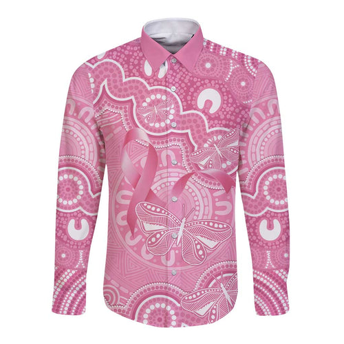 Australia Indigenous Long Sleeve Button Shirt Pink Ribbon Breast Cancer Butterfly Aboriginal - Aussie Hoodie