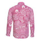 Australia Indigenous Long Sleeve Button Shirt Pink Ribbon Breast Cancer Butterfly Aboriginal - Aussie Hoodie