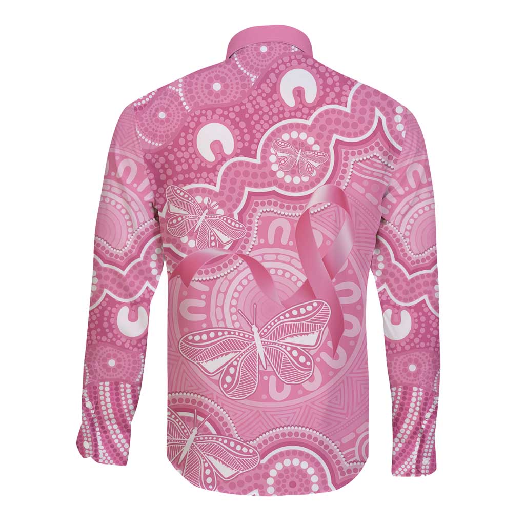 Australia Indigenous Long Sleeve Button Shirt Pink Ribbon Breast Cancer Butterfly Aboriginal - Aussie Hoodie