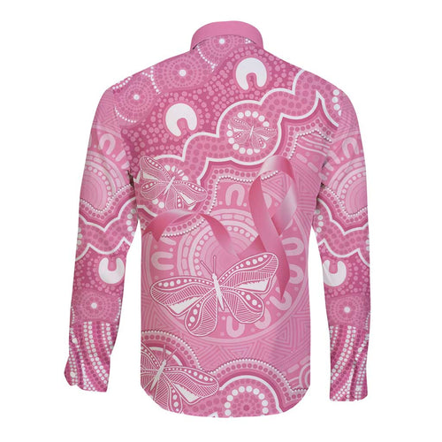 Australia Indigenous Long Sleeve Button Shirt Pink Ribbon Breast Cancer Butterfly Aboriginal - Aussie Hoodie