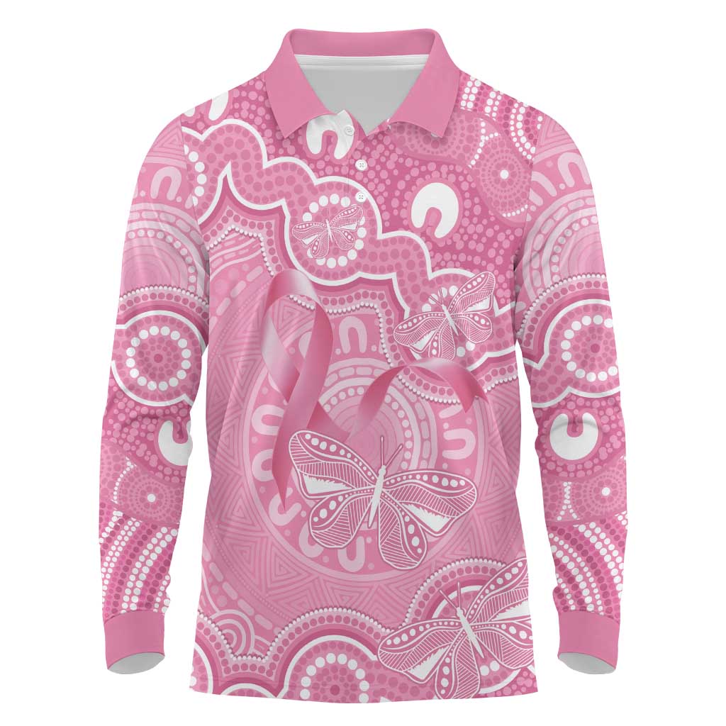 Australia Indigenous Long Sleeve Polo Shirt Pink Ribbon Breast Cancer Butterfly Aboriginal - Aussie Hoodie