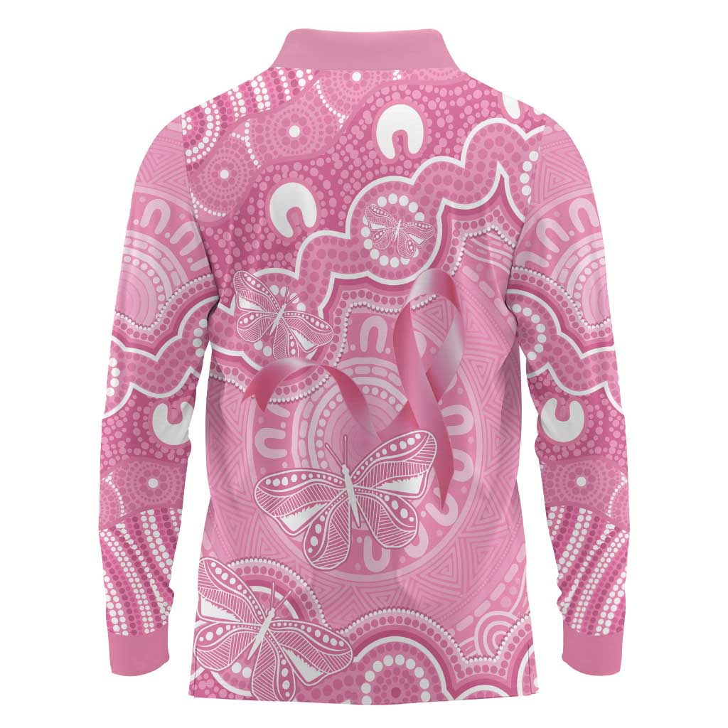 Australia Indigenous Long Sleeve Polo Shirt Pink Ribbon Breast Cancer Butterfly Aboriginal - Aussie Hoodie