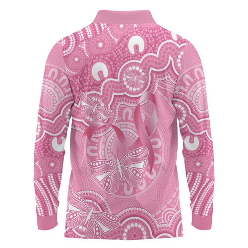 Australia Indigenous Long Sleeve Polo Shirt Pink Ribbon Breast Cancer Butterfly Aboriginal - Aussie Hoodie
