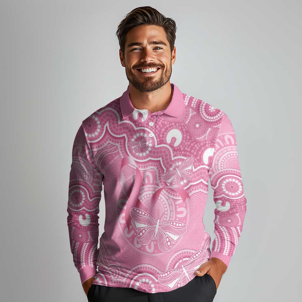 Australia Indigenous Long Sleeve Polo Shirt Pink Ribbon Breast Cancer Butterfly Aboriginal - Aussie Hoodie