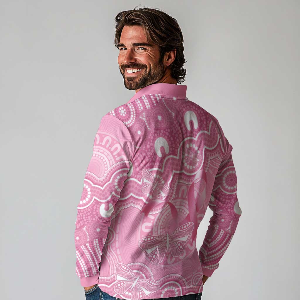 Australia Indigenous Long Sleeve Polo Shirt Pink Ribbon Breast Cancer Butterfly Aboriginal - Aussie Hoodie