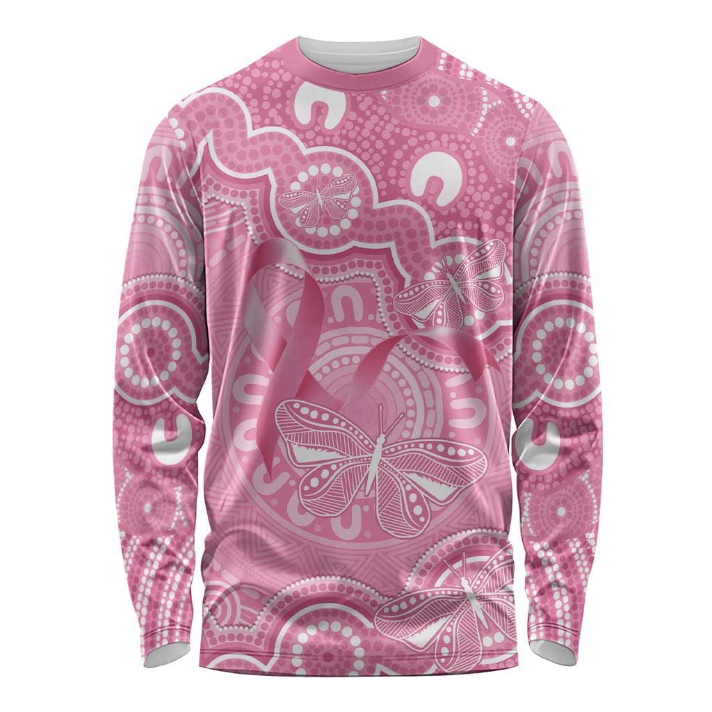 Australia Indigenous Long Sleeve Shirt Pink Ribbon Breast Cancer Butterfly Aboriginal - Aussie Hoodie