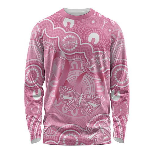 Australia Indigenous Long Sleeve Shirt Pink Ribbon Breast Cancer Butterfly Aboriginal - Aussie Hoodie