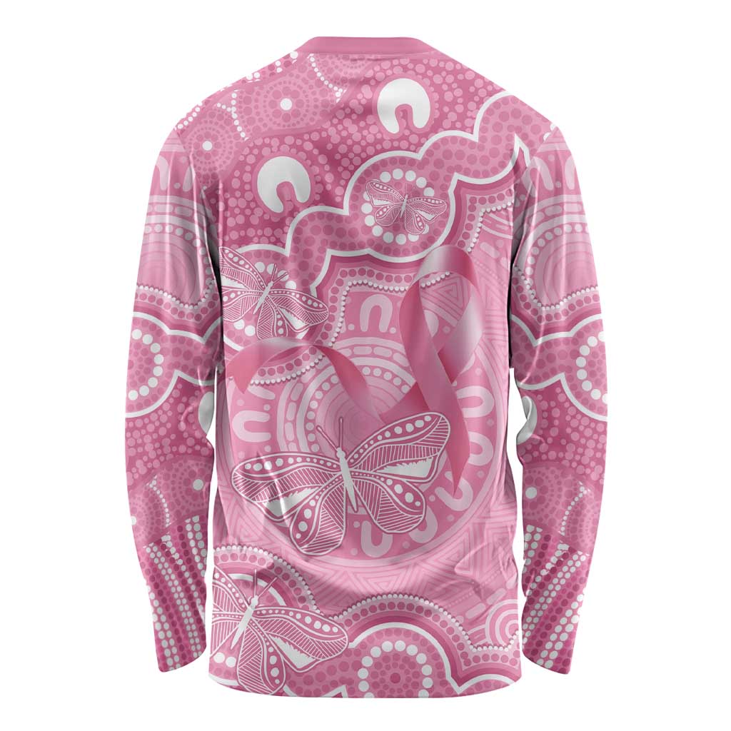 Australia Indigenous Long Sleeve Shirt Pink Ribbon Breast Cancer Butterfly Aboriginal - Aussie Hoodie