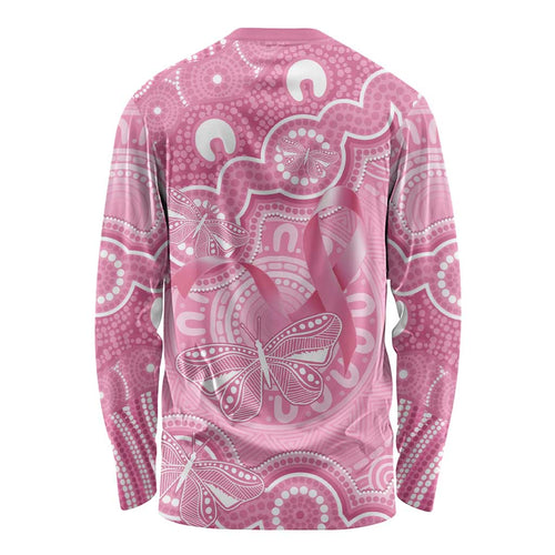 Australia Indigenous Long Sleeve Shirt Pink Ribbon Breast Cancer Butterfly Aboriginal - Aussie Hoodie