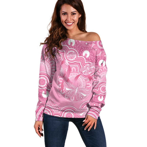 Australia Indigenous Off Shoulder Sweater Pink Ribbon Breast Cancer Butterfly Aboriginal - Aussie Hoodie