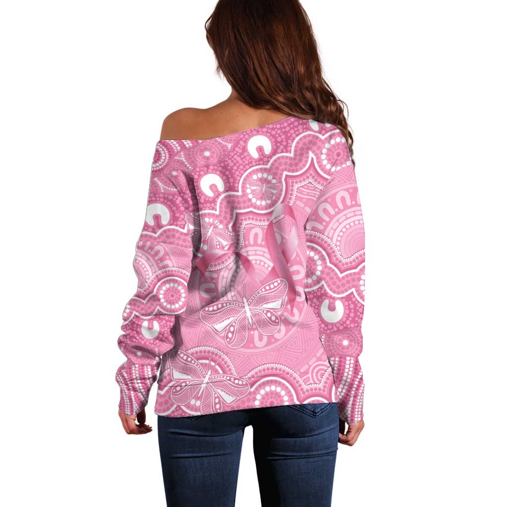 Australia Indigenous Off Shoulder Sweater Pink Ribbon Breast Cancer Butterfly Aboriginal - Aussie Hoodie