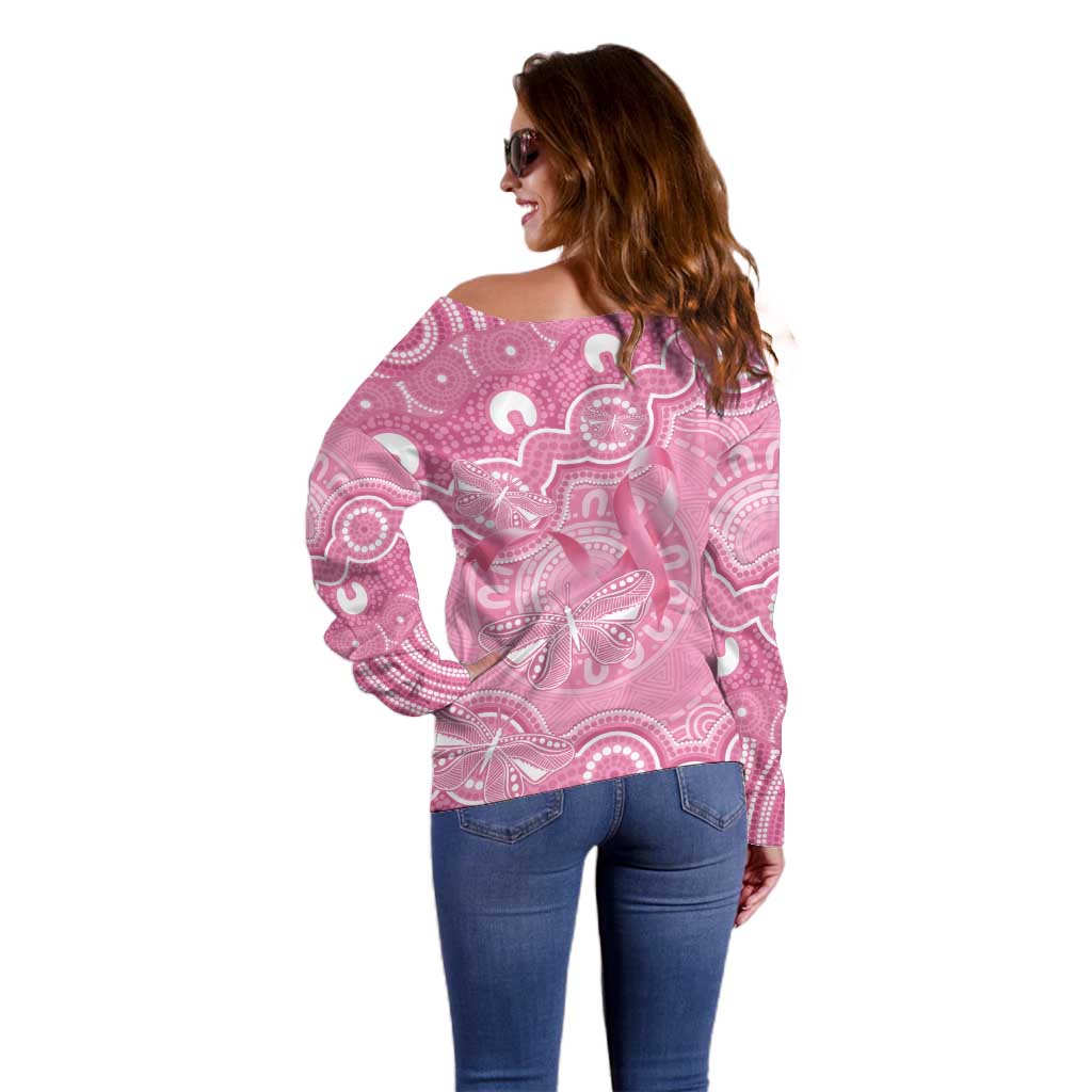 Australia Indigenous Off Shoulder Sweater Pink Ribbon Breast Cancer Butterfly Aboriginal - Aussie Hoodie