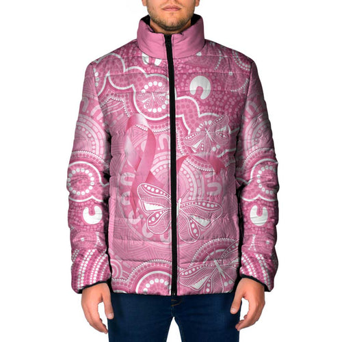 Australia Indigenous Padded Jacket Pink Ribbon Breast Cancer Butterfly Aboriginal - Aussie Hoodie