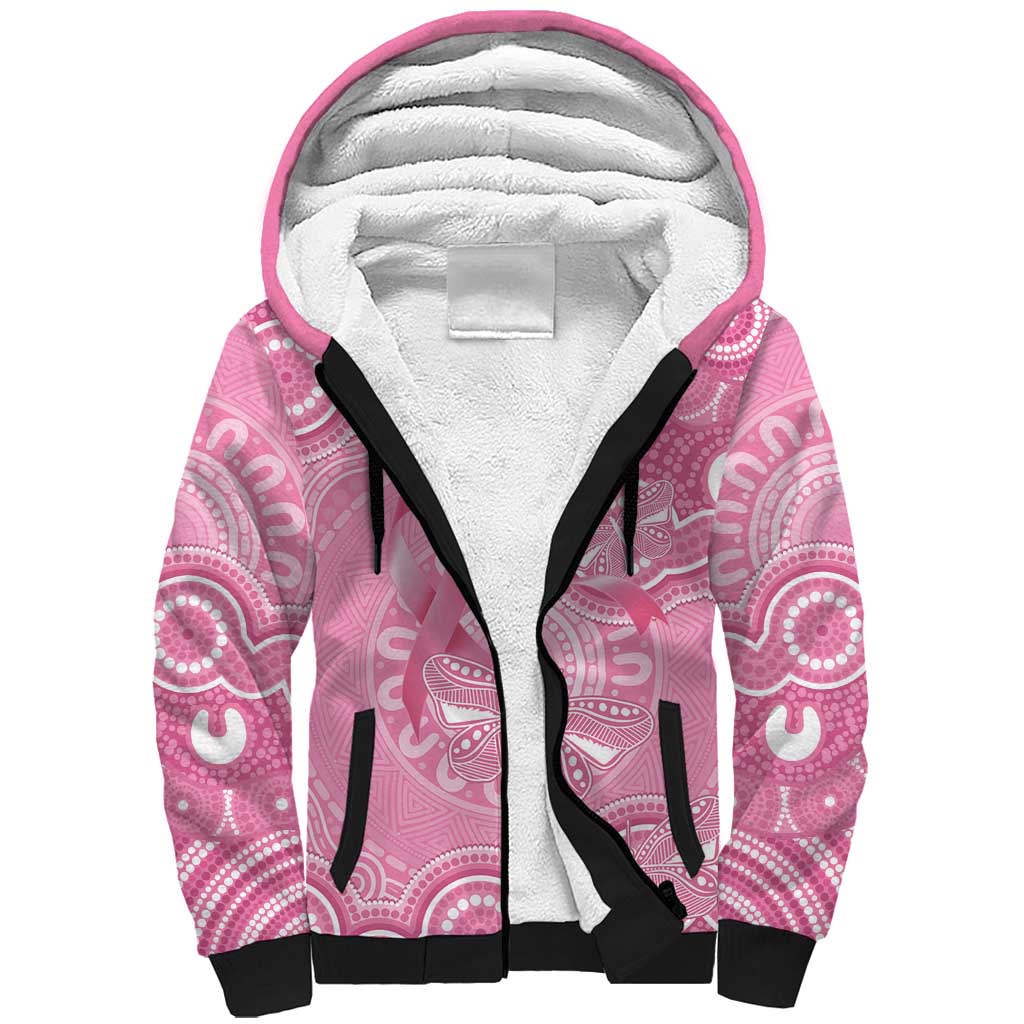 Australia Indigenous Sherpa Hoodie Pink Ribbon Breast Cancer Butterfly Aboriginal - Aussie Hoodie