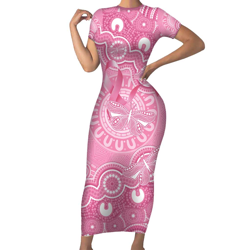 Australia Indigenous Short Sleeve Bodycon Dress Pink Ribbon Breast Cancer Butterfly Aboriginal - Aussie Hoodie