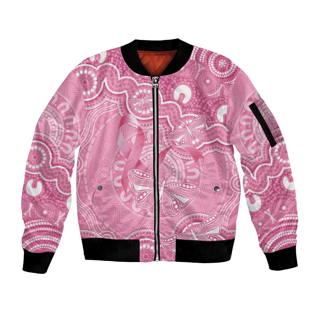 Australia Indigenous Sleeve Zip Bomber Jacket Pink Ribbon Breast Cancer Butterfly Aboriginal - Aussie Hoodie
