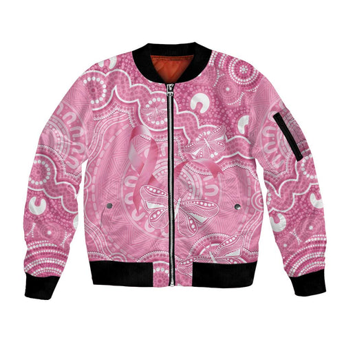Australia Indigenous Sleeve Zip Bomber Jacket Pink Ribbon Breast Cancer Butterfly Aboriginal - Aussie Hoodie
