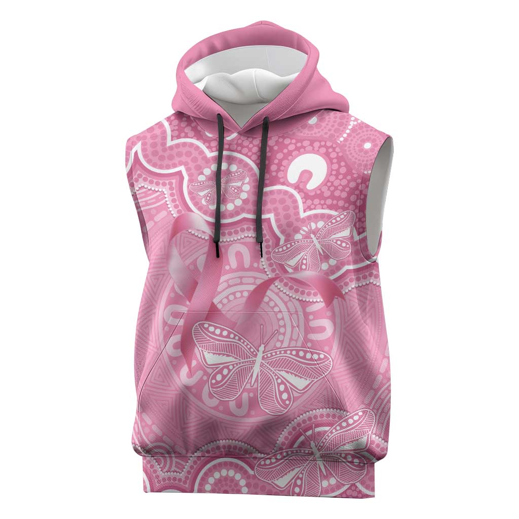Australia Indigenous Sleeveless Hoodie Pink Ribbon Breast Cancer Butterfly Aboriginal - Aussie Hoodie