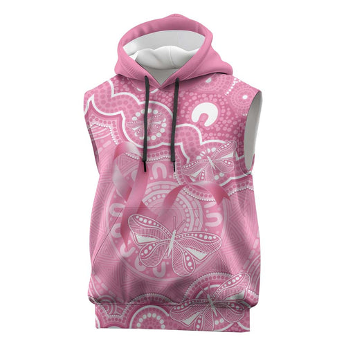 Australia Indigenous Sleeveless Hoodie Pink Ribbon Breast Cancer Butterfly Aboriginal - Aussie Hoodie