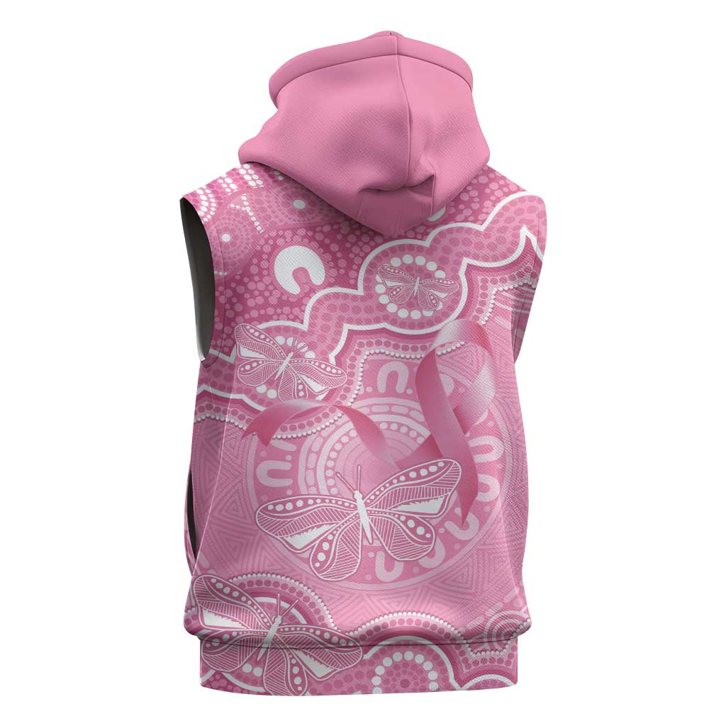 Australia Indigenous Sleeveless Hoodie Pink Ribbon Breast Cancer Butterfly Aboriginal - Aussie Hoodie