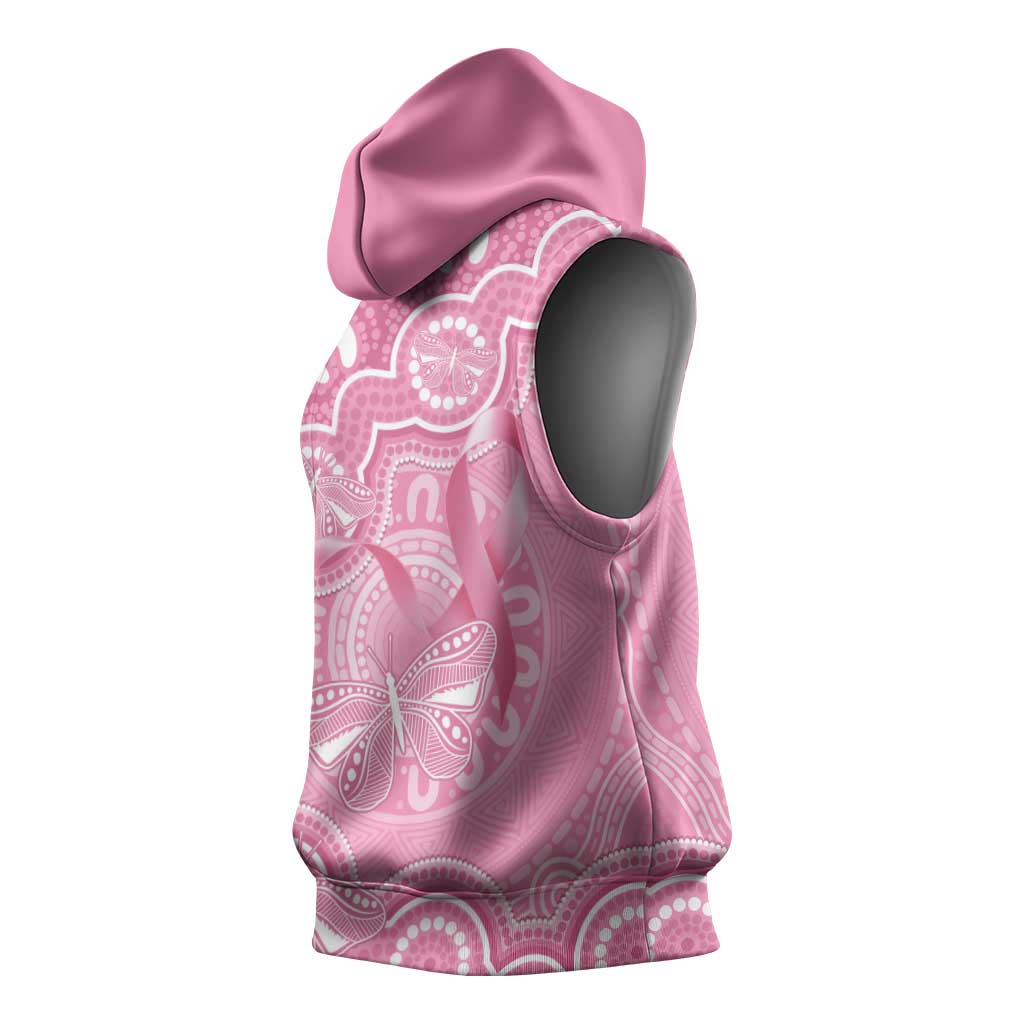 Australia Indigenous Sleeveless Hoodie Pink Ribbon Breast Cancer Butterfly Aboriginal - Aussie Hoodie
