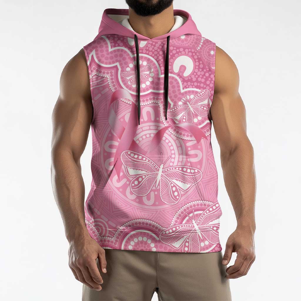 Australia Indigenous Sleeveless Hoodie Pink Ribbon Breast Cancer Butterfly Aboriginal - Aussie Hoodie