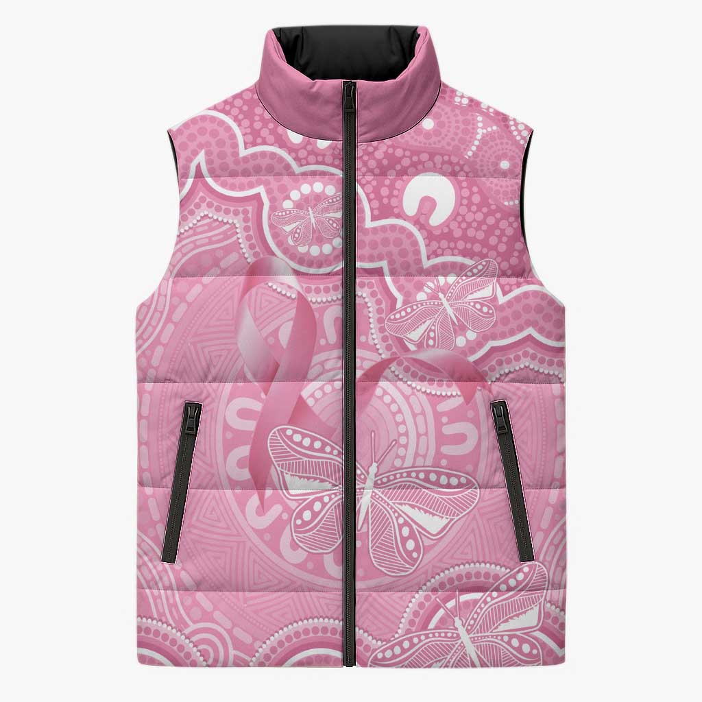 Australia Indigenous Sleeveless Puffer Jacket Pink Ribbon Breast Cancer Butterfly Aboriginal - Aussie Hoodie