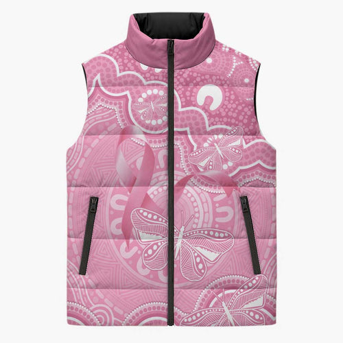 Australia Indigenous Sleeveless Puffer Jacket Pink Ribbon Breast Cancer Butterfly Aboriginal - Aussie Hoodie