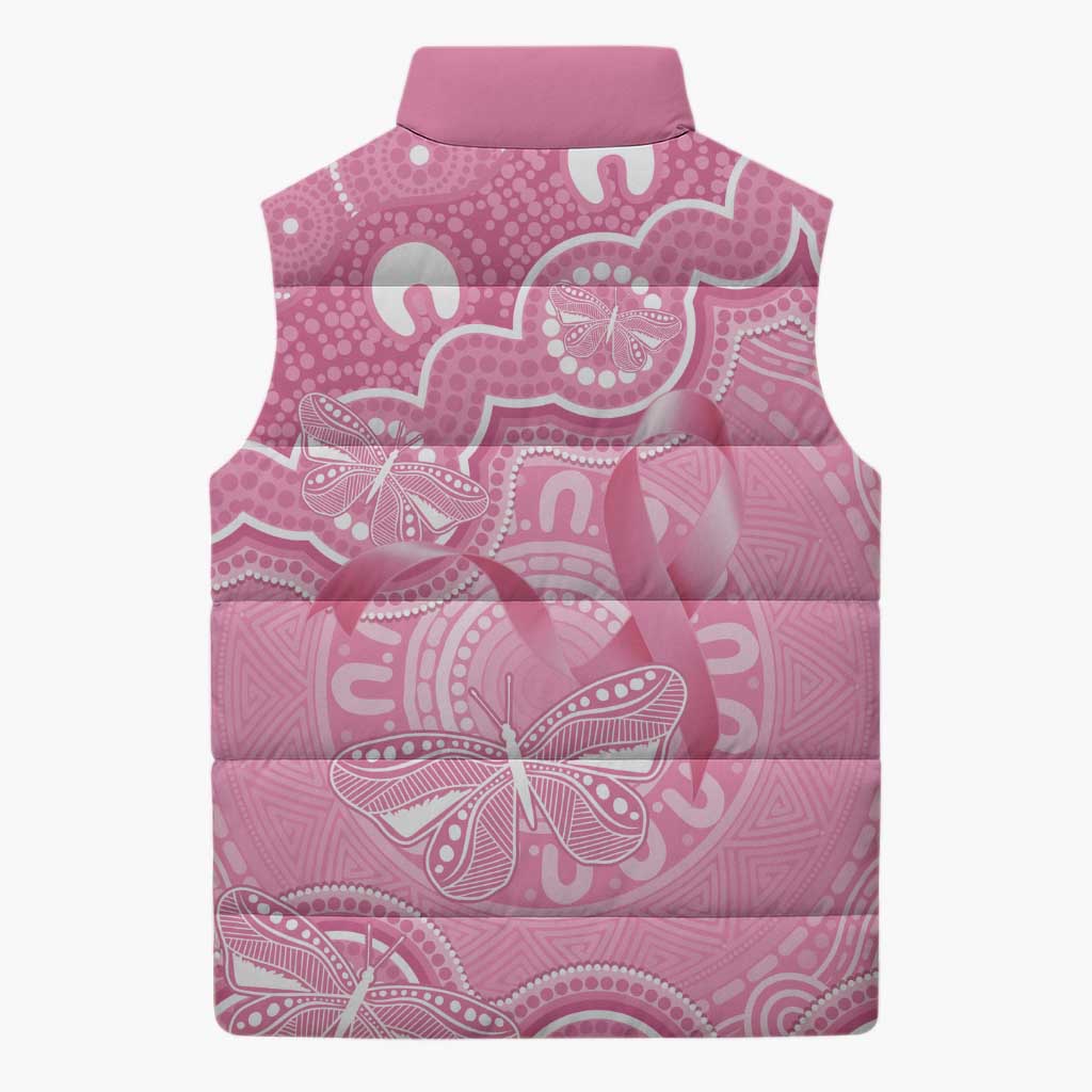 Australia Indigenous Sleeveless Puffer Jacket Pink Ribbon Breast Cancer Butterfly Aboriginal - Aussie Hoodie