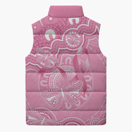Australia Indigenous Sleeveless Puffer Jacket Pink Ribbon Breast Cancer Butterfly Aboriginal - Aussie Hoodie