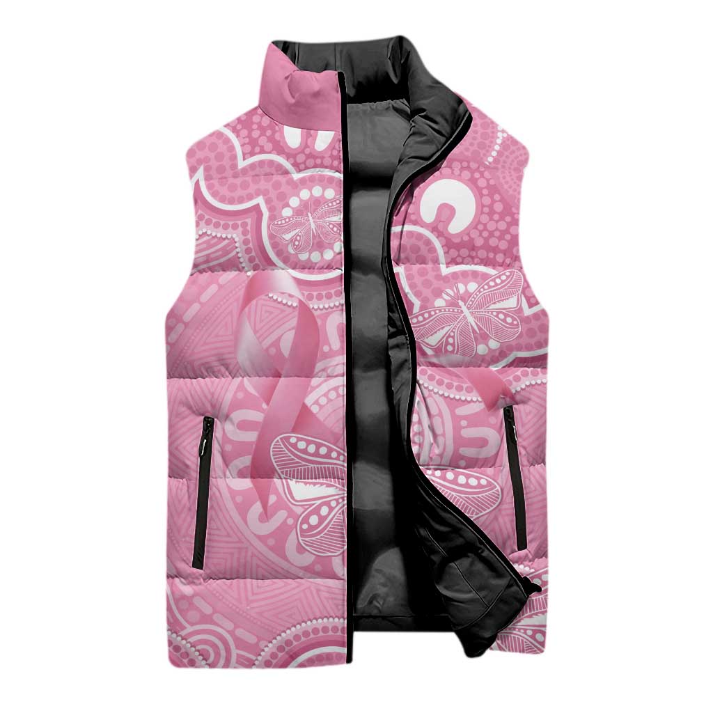 Australia Indigenous Sleeveless Puffer Jacket Pink Ribbon Breast Cancer Butterfly Aboriginal - Aussie Hoodie