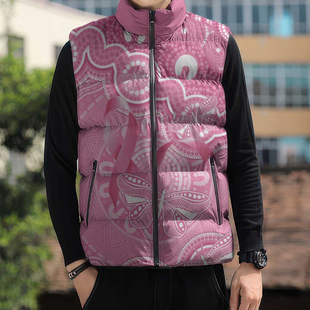 Australia Indigenous Sleeveless Puffer Jacket Pink Ribbon Breast Cancer Butterfly Aboriginal - Aussie Hoodie