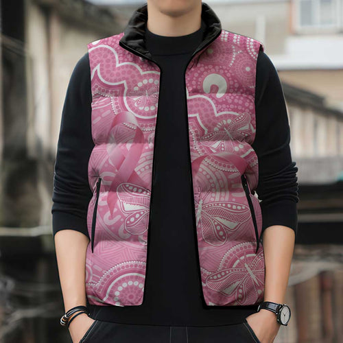Australia Indigenous Sleeveless Puffer Jacket Pink Ribbon Breast Cancer Butterfly Aboriginal - Aussie Hoodie