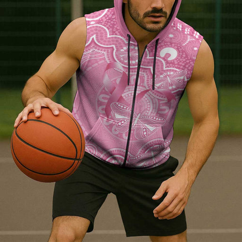 Australia Indigenous Sleeveless Zip Hoodie Pink Ribbon Breast Cancer Butterfly Aboriginal LT14