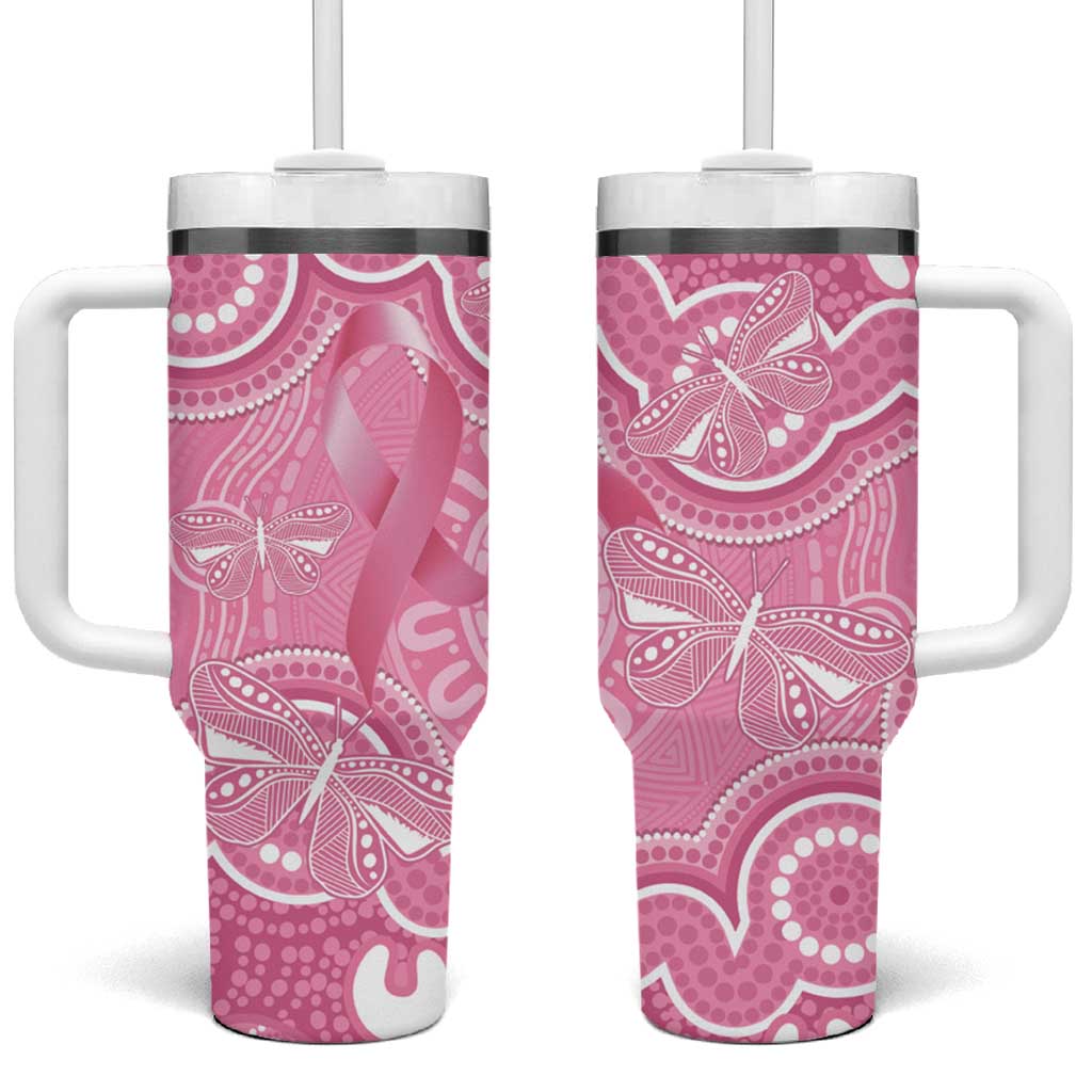 Australia Indigenous Tumbler With Handle Pink Ribbon Breast Cancer Butterfly Aboriginal - Aussie Hoodie