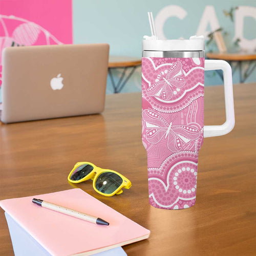 Australia Indigenous Tumbler With Handle Pink Ribbon Breast Cancer Butterfly Aboriginal - Aussie Hoodie