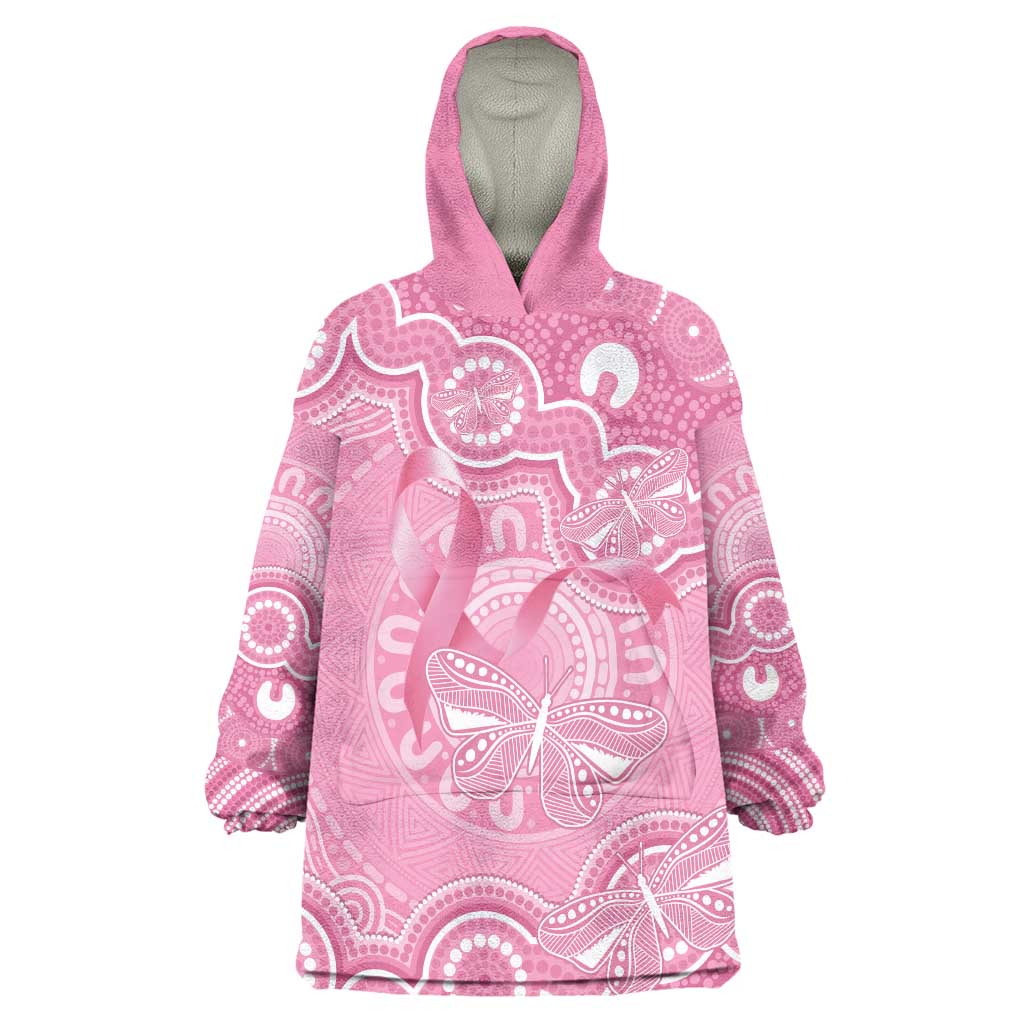 Australia Indigenous Wearable Blanket Hoodie Pink Ribbon Breast Cancer Butterfly Aboriginal - Aussie Hoodie