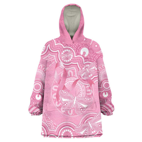 Australia Indigenous Wearable Blanket Hoodie Pink Ribbon Breast Cancer Butterfly Aboriginal - Aussie Hoodie