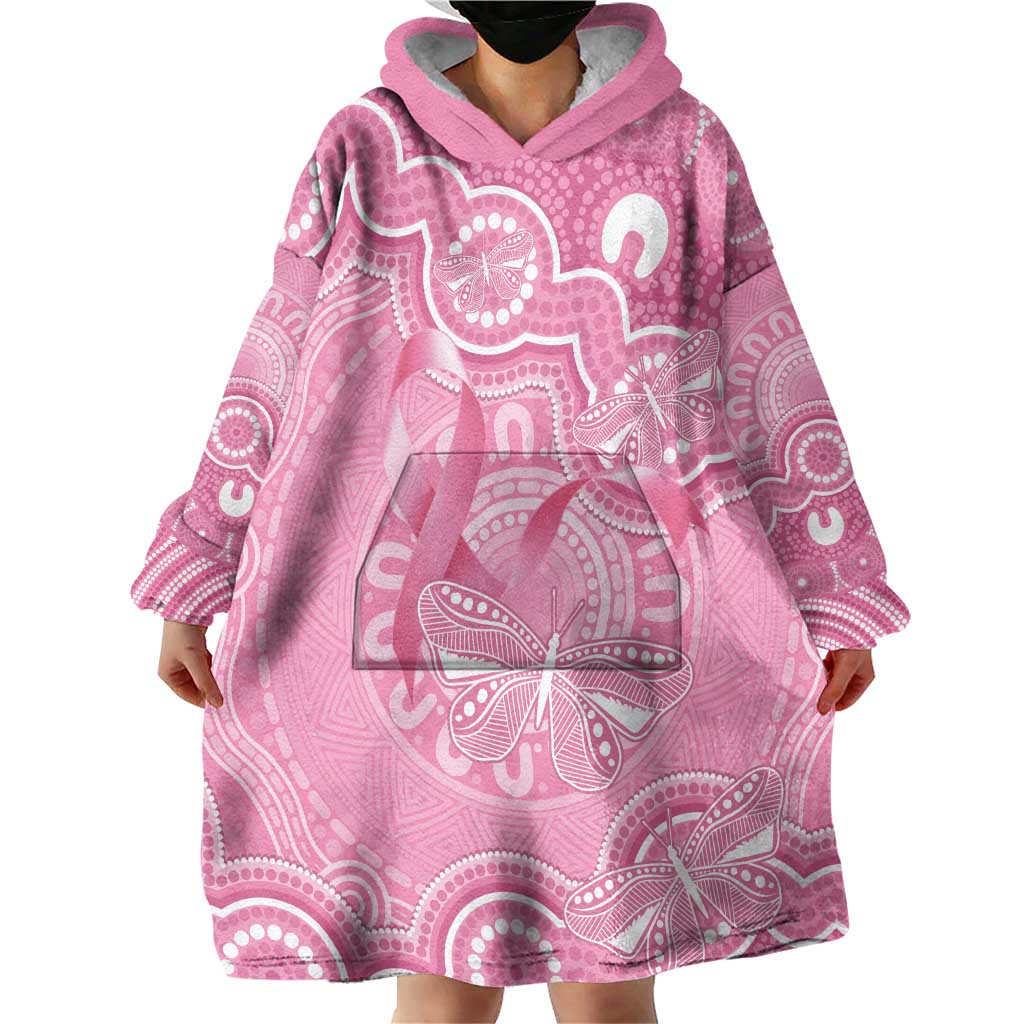Australia Indigenous Wearable Blanket Hoodie Pink Ribbon Breast Cancer Butterfly Aboriginal - Aussie Hoodie