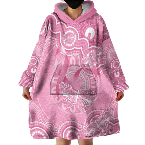 Australia Indigenous Wearable Blanket Hoodie Pink Ribbon Breast Cancer Butterfly Aboriginal - Aussie Hoodie