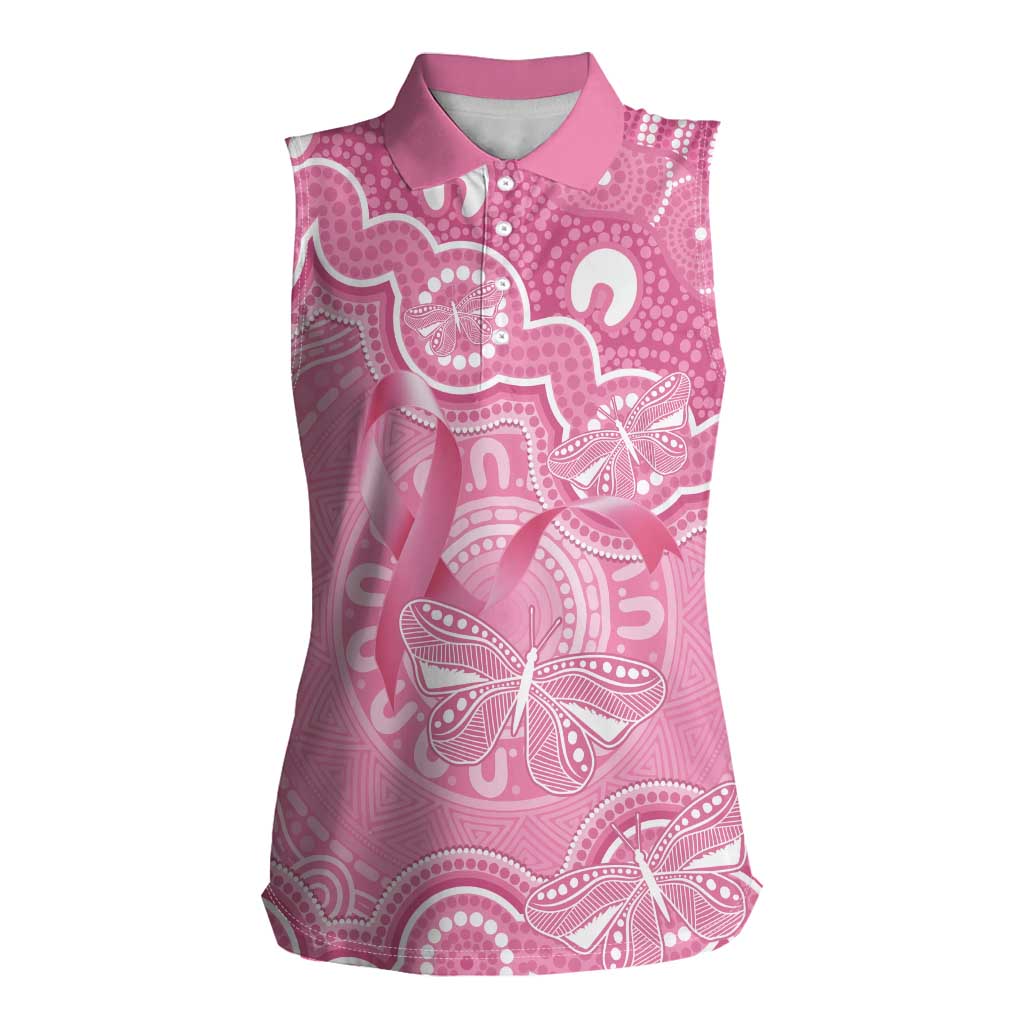 Australia Indigenous Women Sleeveless Polo Shirt Pink Ribbon Breast Cancer Butterfly Aboriginal - Aussie Hoodie