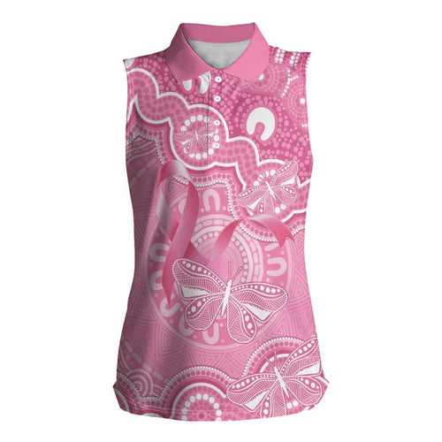 Australia Indigenous Women Sleeveless Polo Shirt Pink Ribbon Breast Cancer Butterfly Aboriginal - Aussie Hoodie