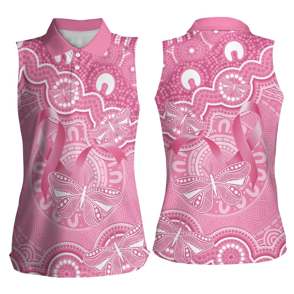 Australia Indigenous Women Sleeveless Polo Shirt Pink Ribbon Breast Cancer Butterfly Aboriginal - Aussie Hoodie