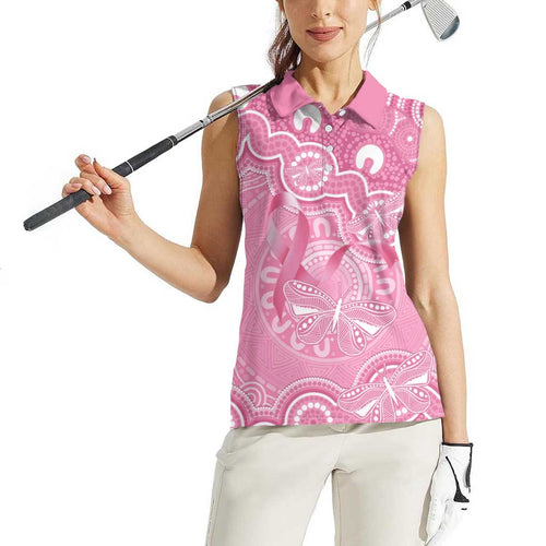 Australia Indigenous Women Sleeveless Polo Shirt Pink Ribbon Breast Cancer Butterfly Aboriginal - Aussie Hoodie